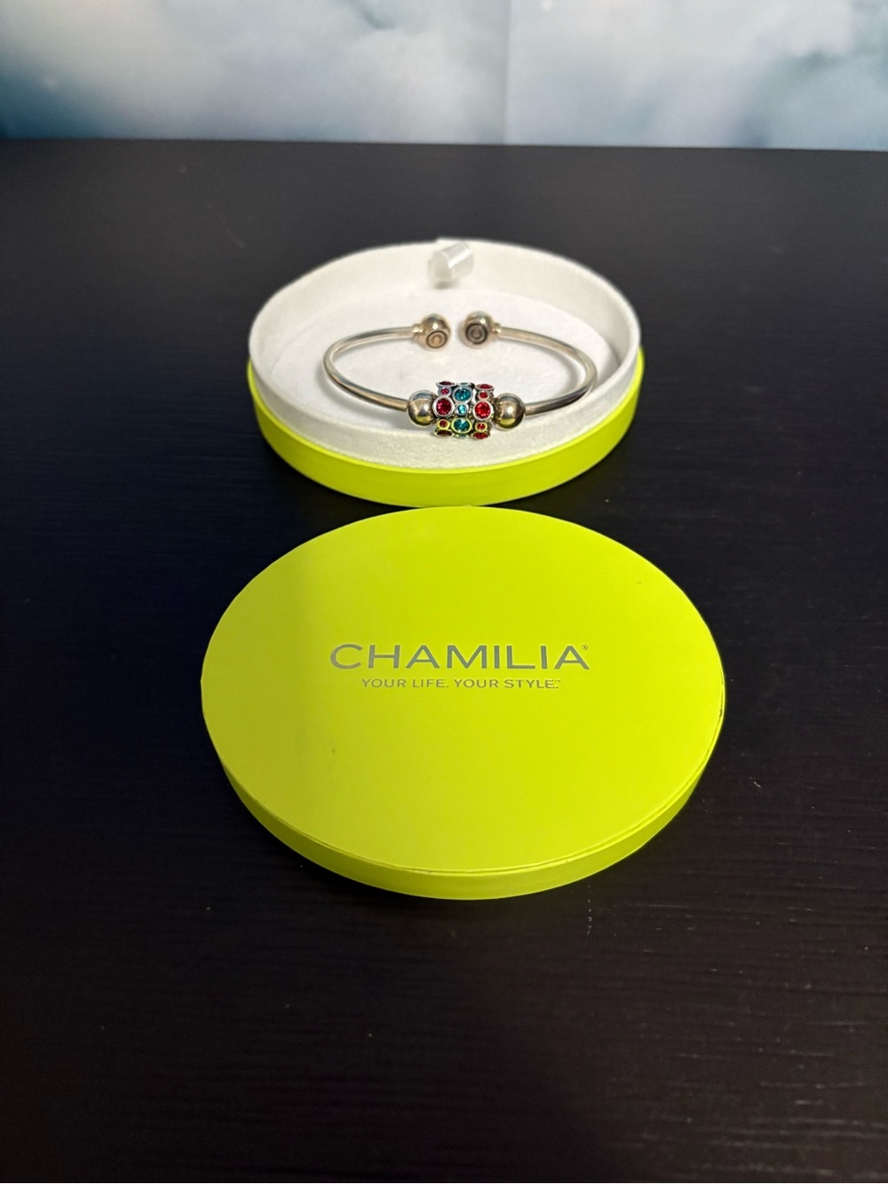 Chamilia Sterling Silver bangle bracelet open clasp blue red crystals. NIB
